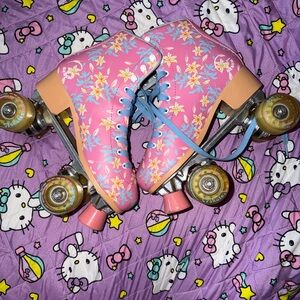 Floral Pink Roller Skates with Light Blue Laces